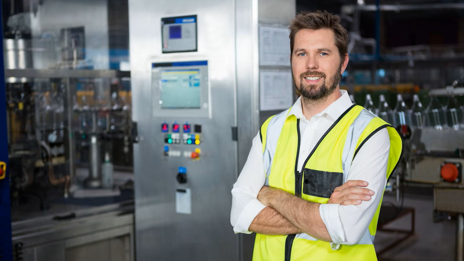 smiling plant manager next to modern energy-efficient compressor